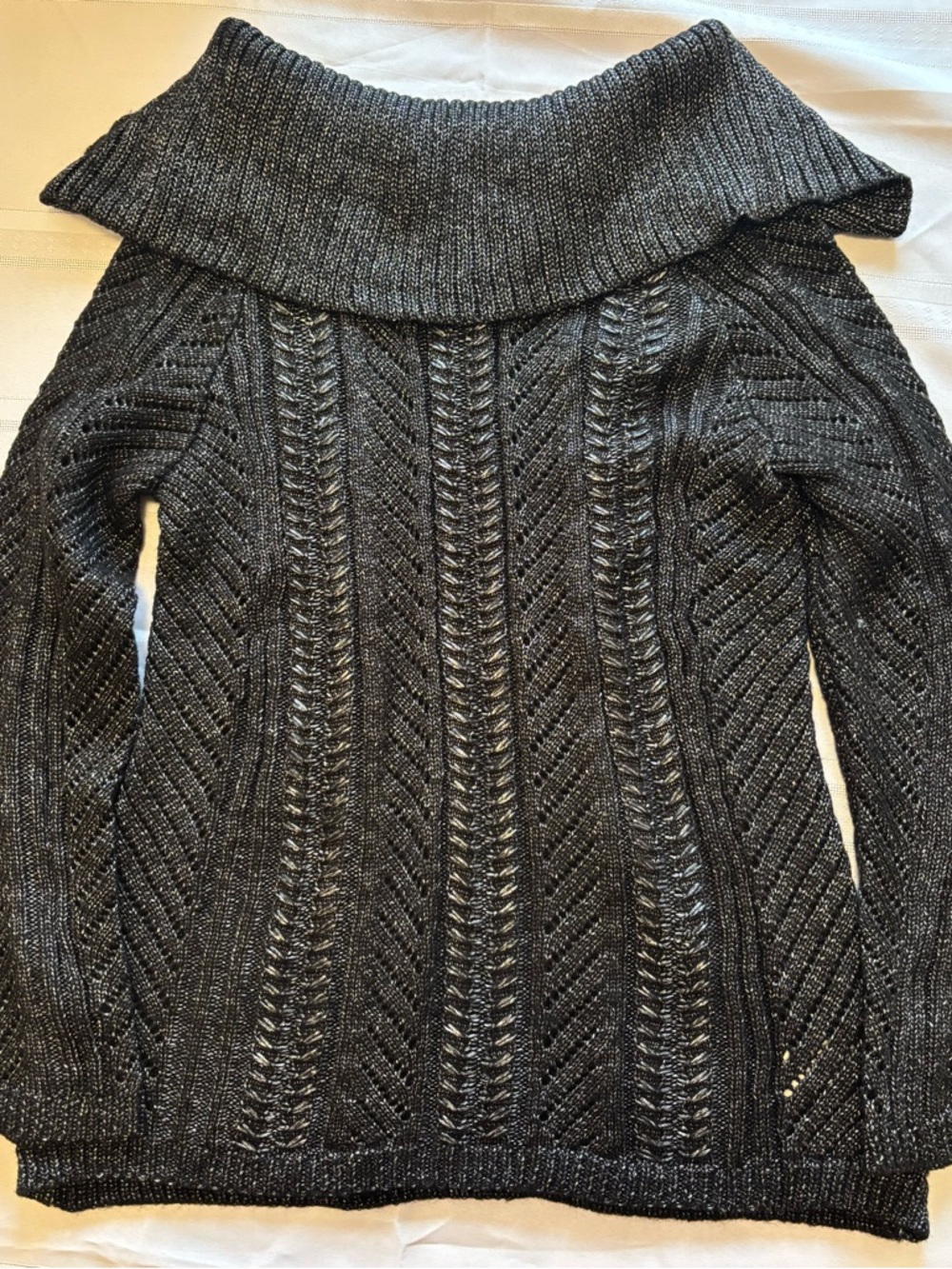 ☀️ 2 for $25 BNWT Cleo Lg Off-Shoulder Cable Knit Sweater black w/ silver thread
